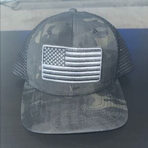 Black Camo Trucker Hat with Embroidered Flag
